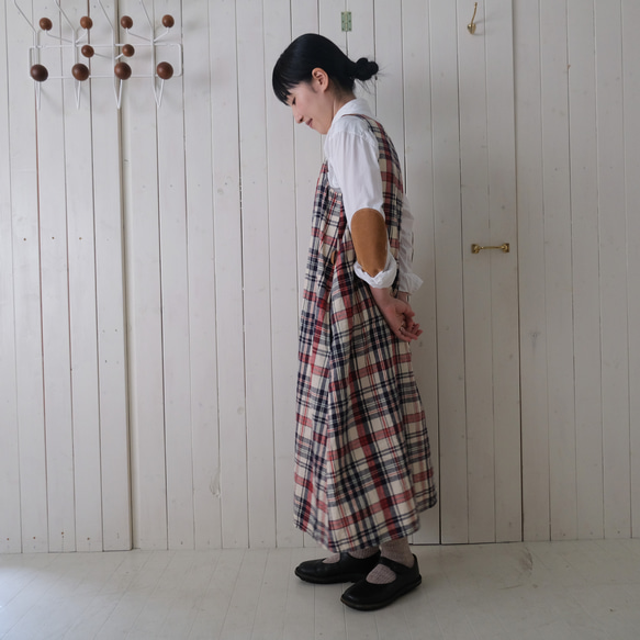 【すぐのお届け♪】コットンリネン ワンピース　beige madras check 7枚目の画像