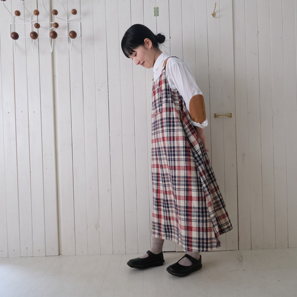 【すぐのお届け♪】コットンリネン ワンピース　beige madras check 5枚目の画像