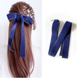 ネイビー / 幅広 ベロアリボン の ポニーフック / ブライダル