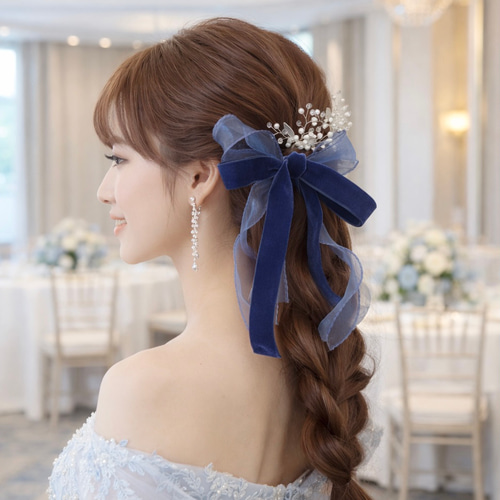 ネイビー / 幅広 ベロアリボン の ポニーフック / ブライダル