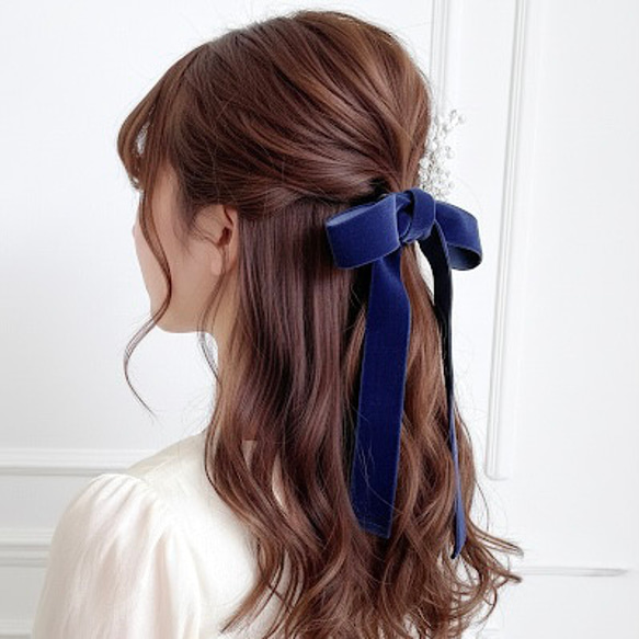 ネイビー / 幅広 ベロアリボン の ポニーフック / ブライダル