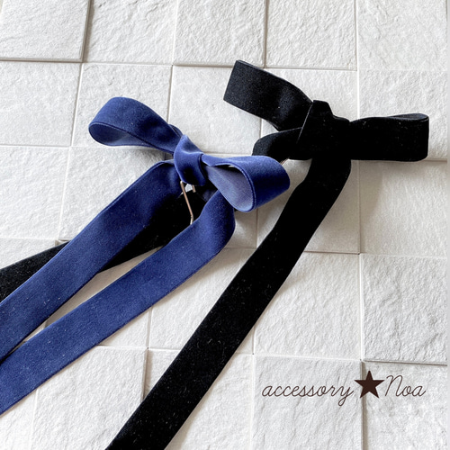 ネイビー / 幅広 ベロアリボン の ポニーフック / ブライダル