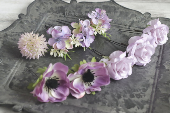 秋色の薔薇とアネモネのヘッドドレス　ラベンダー色　ヘアアクセサリー　ウェディング　成人式　卒業袴　薄紫　前撮り 10枚目の画像