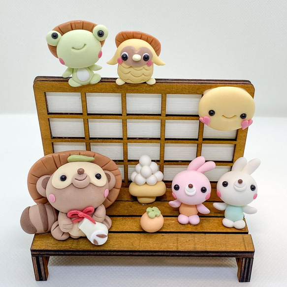 満月たぬき お月見作品 満月と信楽焼たぬきさん ミニチュア 粘土細工 樹脂