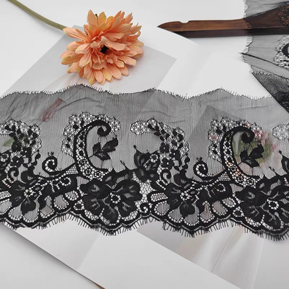 X101 黒両山まつげフラワーリバーレース生地 手芸用品 レース ʚmummyɞ