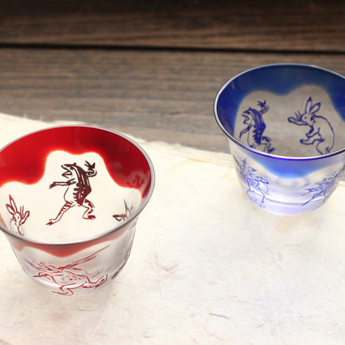 よしみさまオーダー品】 鳥獣戯画 ペア 赤 瑠璃 おちょこ・ぐい呑み 