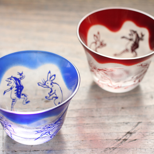 よしみさまオーダー品】 鳥獣戯画ペア赤瑠璃酒杯・酒壺水硝舎すい 