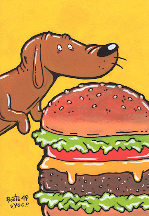 【ハンバーガーと犬】　犬　ハンバーガー　アクリル　アート　絵 2枚目の画像