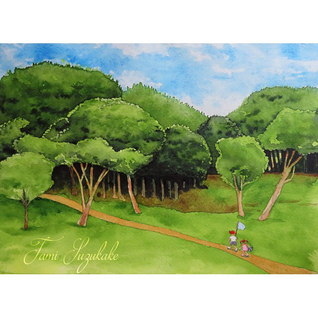 絵画「森はカタクリの花盛り」 水彩画