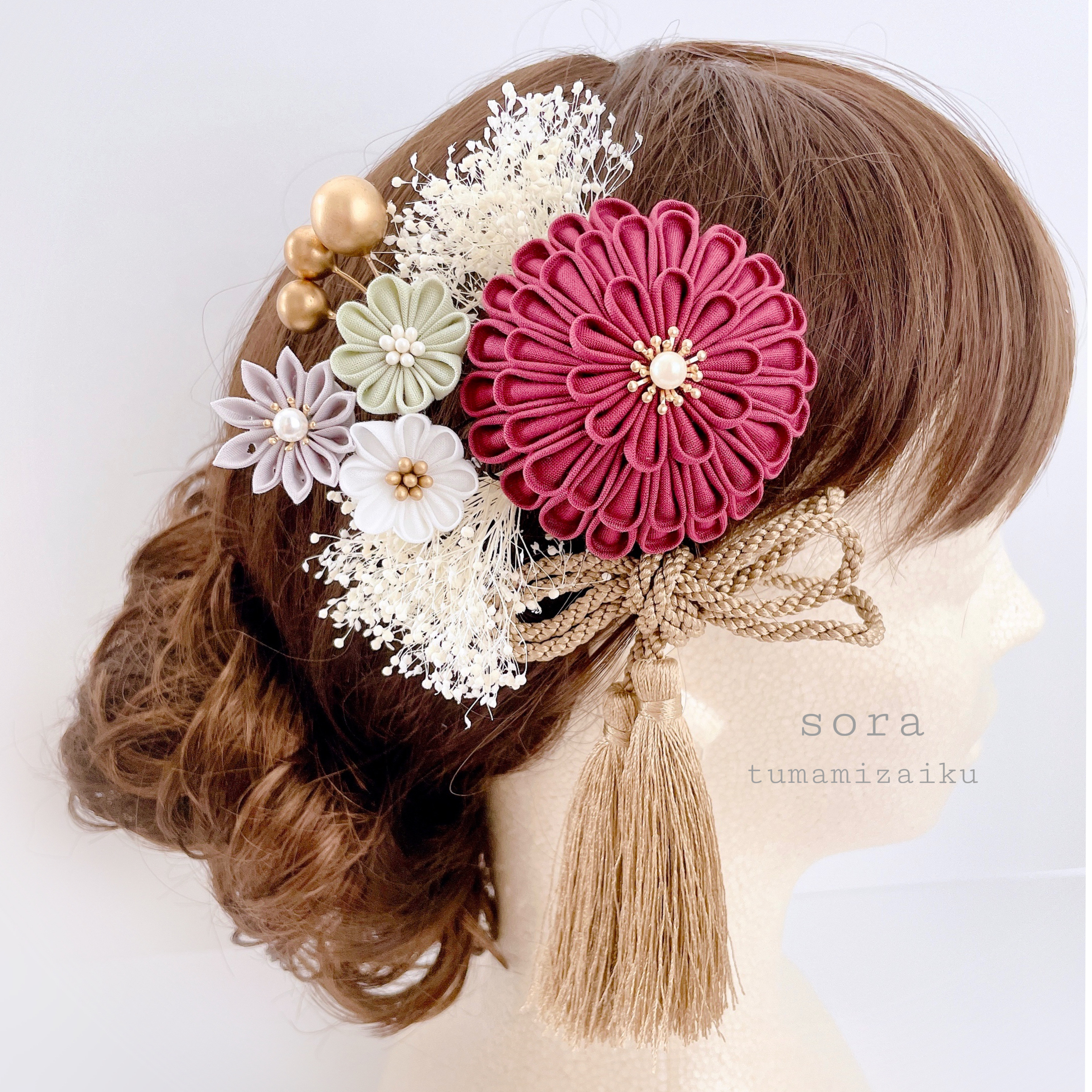 つまみ細工　髪飾り　＊ワインレッド＊　七五三　成人式　結婚式　卒業式　和装　振袖　ヘッドドレス