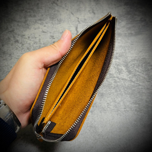 イタリアンレザー L字 ファスナー 長財布 ヌバック 牛革 本革 メンズ