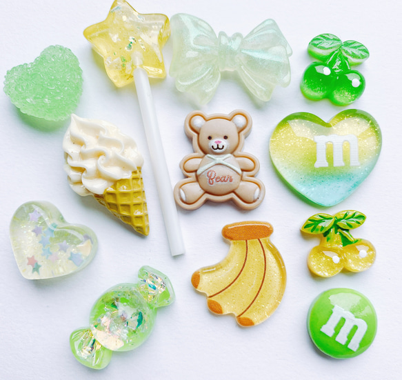 グリーン系 ゆめかわデコパーツ セット カボション デコパーツ りぼん