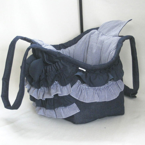 受注制作 Sサイズ 小型犬用 デニムフリル付きショルダータイプ