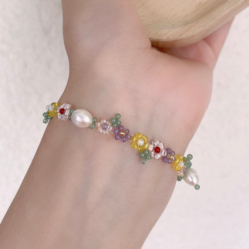 パープル 花 パール 淡水真珠 ビーズ リング 指輪 ブレスレット セット 