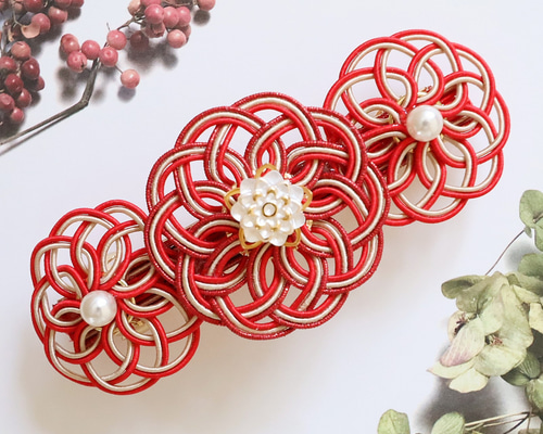 ダリア 赤い水引のバレッタ 和風 和モダン バレッタ もなかもな 通販