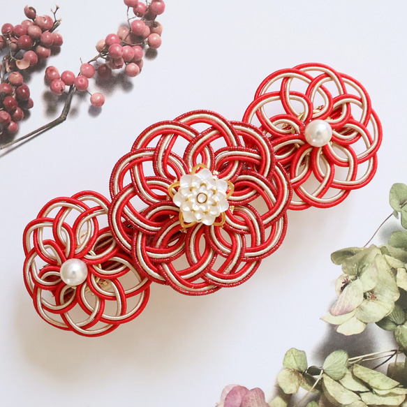 ダリア 赤い水引のバレッタ 和風 和モダン バレッタ もなかもな 通販