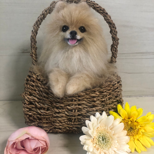 羊毛フェルト ポメラニアンのフラワーバスケット 羊毛フェルト muu Muu