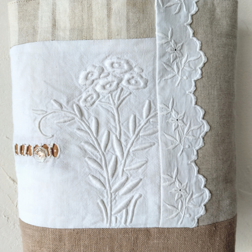 アンティーク*手刺繍*リネン*パッチワーク*トートバッグ トート