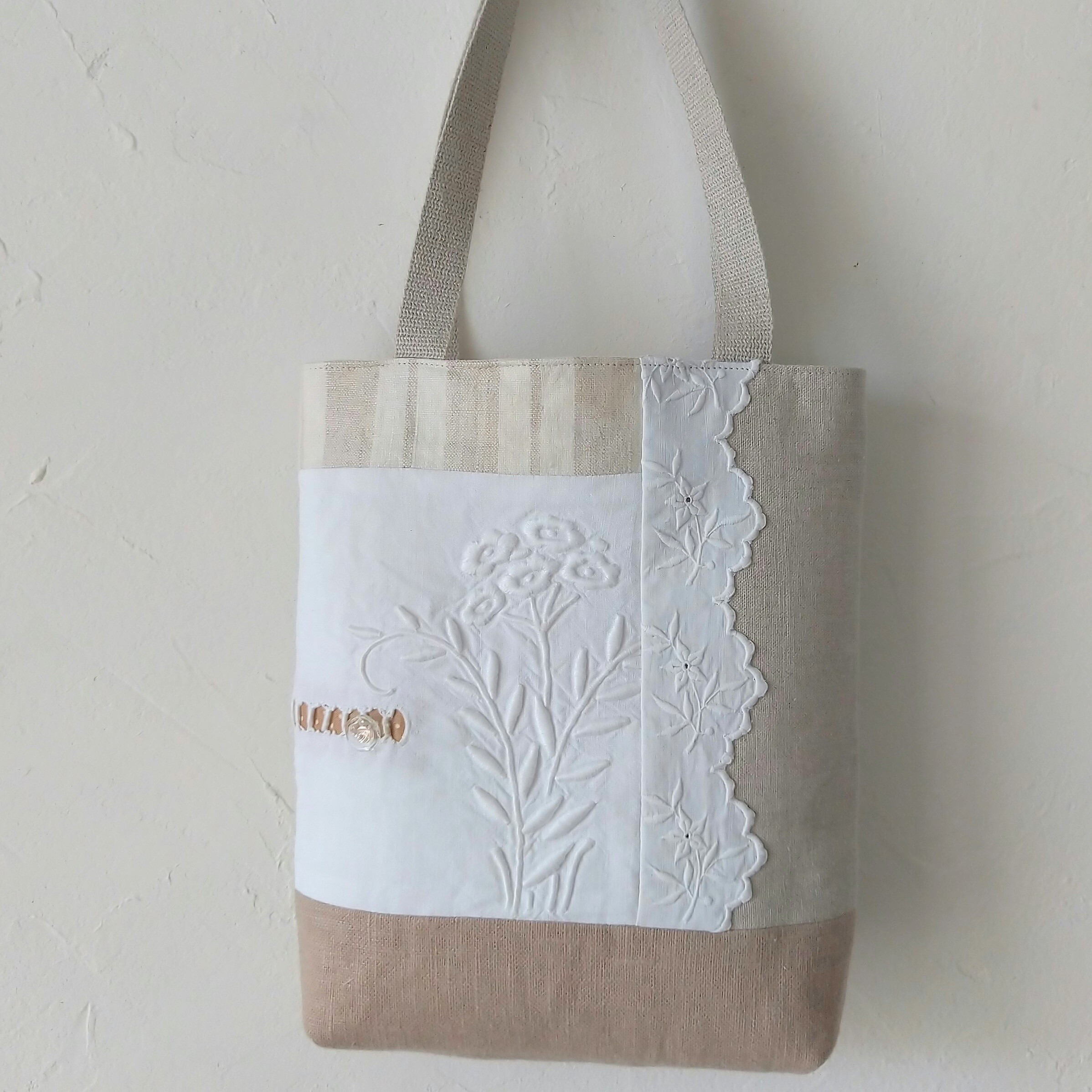 アンティーク*手刺繍*リネン*パッチワーク*トートバッグ トート