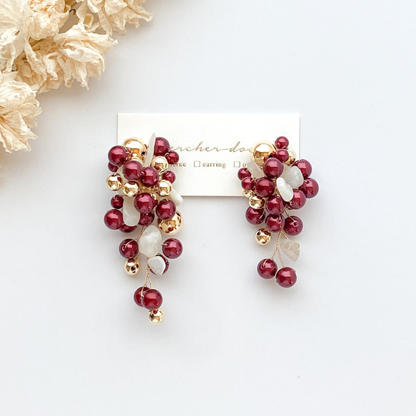 【Ashime珍珠花束耳環/耳環】紅色&amp;金色 第1張的照片