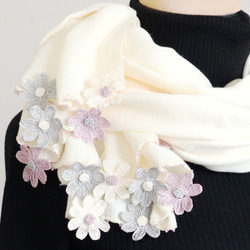 [Made to order] Pashmina shawl [DAISY] Milky White 第2張的照片