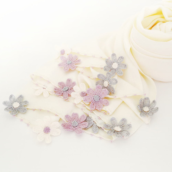 [Made to order] Pashmina shawl [DAISY] Milky White 第5張的照片