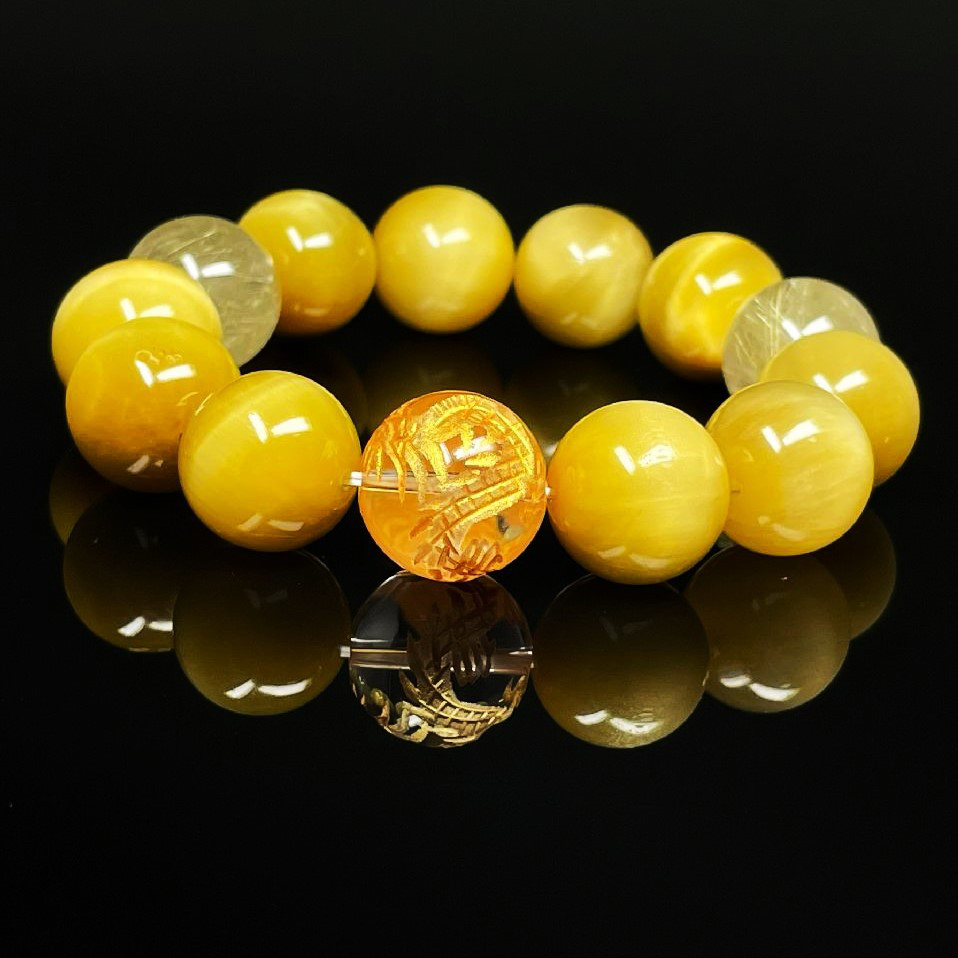 【閃きを与えるストーン】１６ミリ  皇帝龍 本水晶 ゴールデンタイガーアイ ゴールドルチルブレスレットryub18