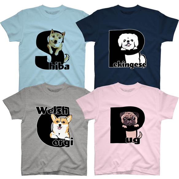 【受注生産】アルファベット犬 Tシャツ　～ワンちゃんのイニシャルでお作りします～ コーギー　パグ　ペキニーズ　柴犬他 11枚目の画像