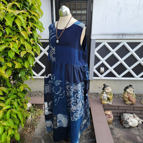 着物リメイク 古布 手作り 型染めなど パッチ ジャンパースカート