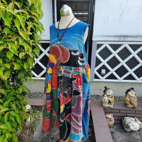 柿渋染め手拭いリメイクジャンパースカート 着物リメイク ハンドメイド 柿渋染め ジャンパースカート
