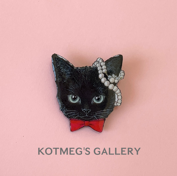 黒猫 ブローチ　オリジナル イラスト ねこ 猫 blackcat 赤リボン 1枚目の画像