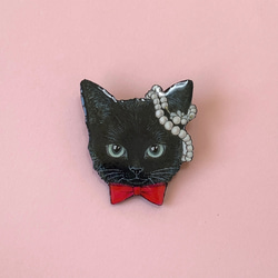 黒猫 ブローチ　オリジナル イラスト ねこ 猫 blackcat 赤リボン 4枚目の画像