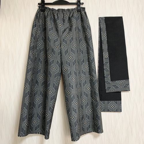 大島紬ゆったりストレートパンツ＋ストール＊裏地付き＊着物リメイク