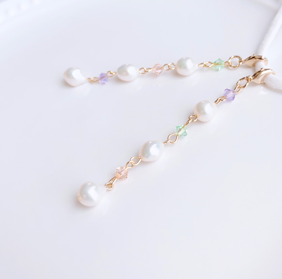 ✴︎淡水パールシズク×クリスタル✴︎ピアスみたいなマスクチャーム【Hijiri】パステル　貴和クリスタル　パール 3枚目の画像