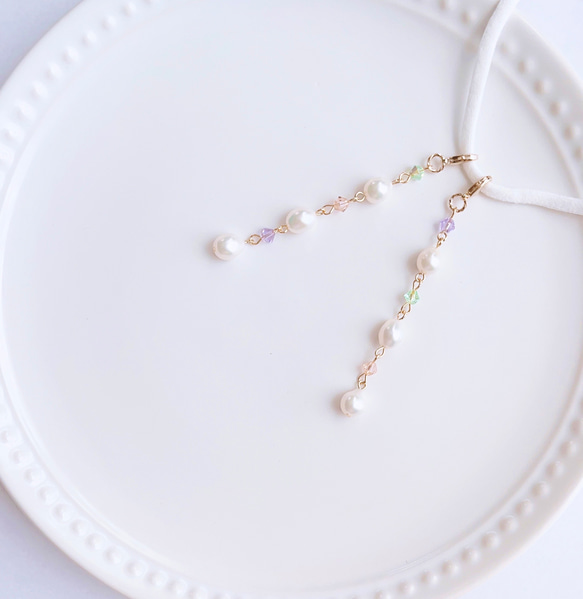 ✴︎淡水パールシズク×クリスタル✴︎ピアスみたいなマスクチャーム【Hijiri】パステル　貴和クリスタル　パール 4枚目の画像