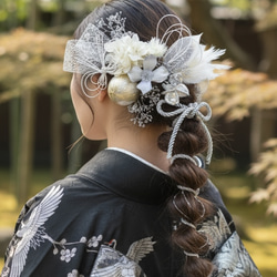 水引蝶々の髪飾り☆シルバー系☆成人式髪飾り 卒業式 ウェディング