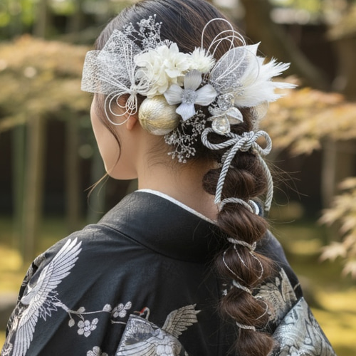 水引蝶々の髪飾り☆シルバー系☆成人式髪飾り 卒業式 ウェディング