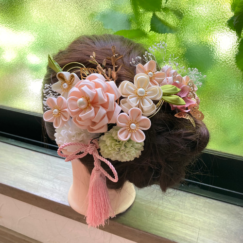 専用画面 ¥2500 つまみ細工髪飾り ピンク系　ハンドメイド 受注制作】86 和装 髪飾り ピンク アイボリー つまみ細工 結婚式 成人
