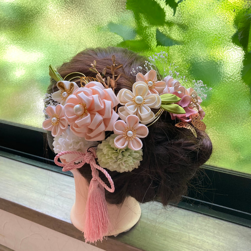 成人式髪飾り つまみ細工 ピンク オレンジ 白 かんざし つまみ細工