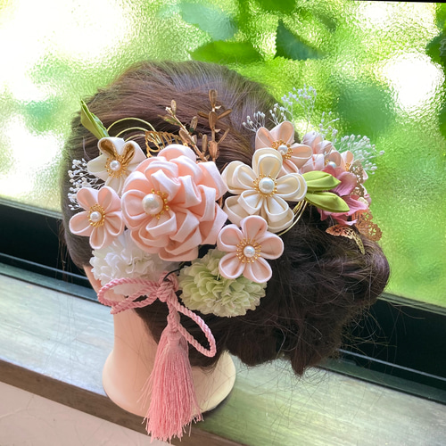 成人式髪飾り つまみ細工 ピンク オレンジ 白 かんざし つまみ細工