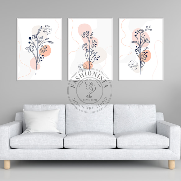 アートポスター シンプルモダン ボタニカルアート ライン画 ミニマルデザイン パステル 3枚セット 4308 1枚目の画像