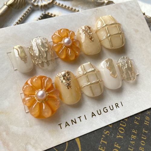 ネイルチップオーダー ニュアンス ぷっくりフラワー ミラー 振袖成人式結婚式卒業 ネイルチップ現品オーダー ニュアンス ぷっくりフラワー ミラー 振袖