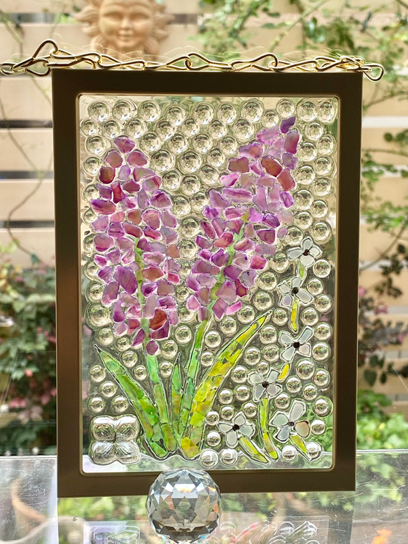 シェルアートフレームꕤ  パープルフラワーと水玉　ゴールド　インテリアフレーム　ꕤ  天然貝　紫陽花 18枚目の画像