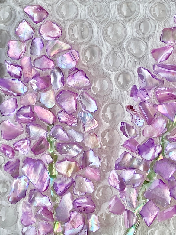 シェルアートフレームꕤ  パープルフラワーと水玉　ゴールド　インテリアフレーム　ꕤ  天然貝　紫陽花 13枚目の画像