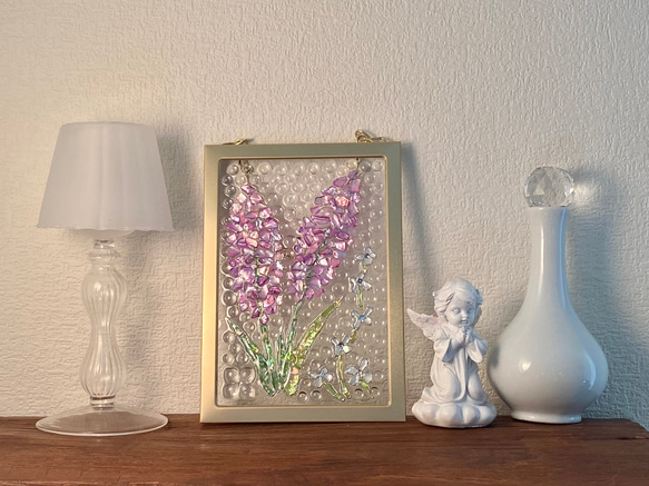 シェルアートフレームꕤ  パープルフラワーと水玉　ゴールド　インテリアフレーム　ꕤ  天然貝　紫陽花 7枚目の画像