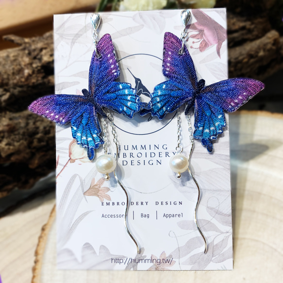 美洲藍鳳蝶 刺繡耳環 耳夾 夾式 抗敏耳針 生日禮物 禮盒 蝴蝶 第10張的照片