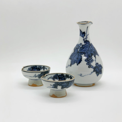 再販〉【京焼・清水焼】京都 水野春陽窯 染付 葡萄 酒器セット