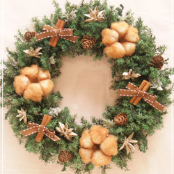 ブラウンコットンと針葉樹のクリスマスリース　綿の実と木の実のリース　クリスマスプレゼントに　W070 3枚目の画像