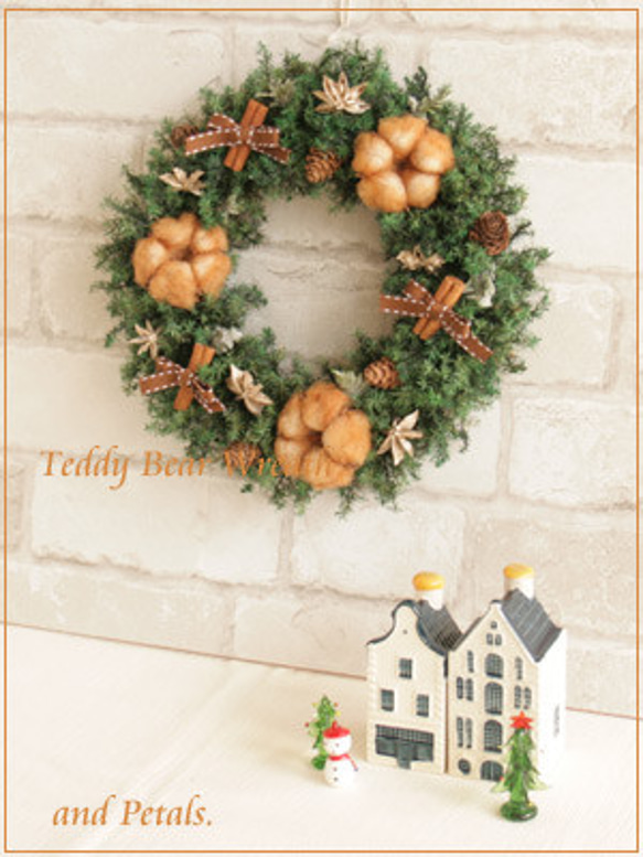 ブラウンコットンと針葉樹のクリスマスリース　綿の実と木の実のリース　クリスマスプレゼントに　W070 4枚目の画像