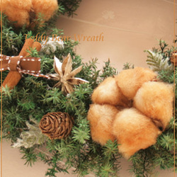 ブラウンコットンと針葉樹のクリスマスリース　綿の実と木の実のリース　クリスマスプレゼントに　W070 2枚目の画像